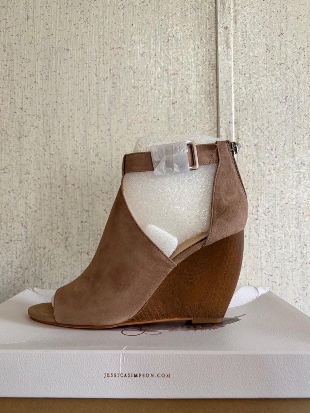 Jessica Simpson Taupe Suede Open-Toe Wedge Sandals